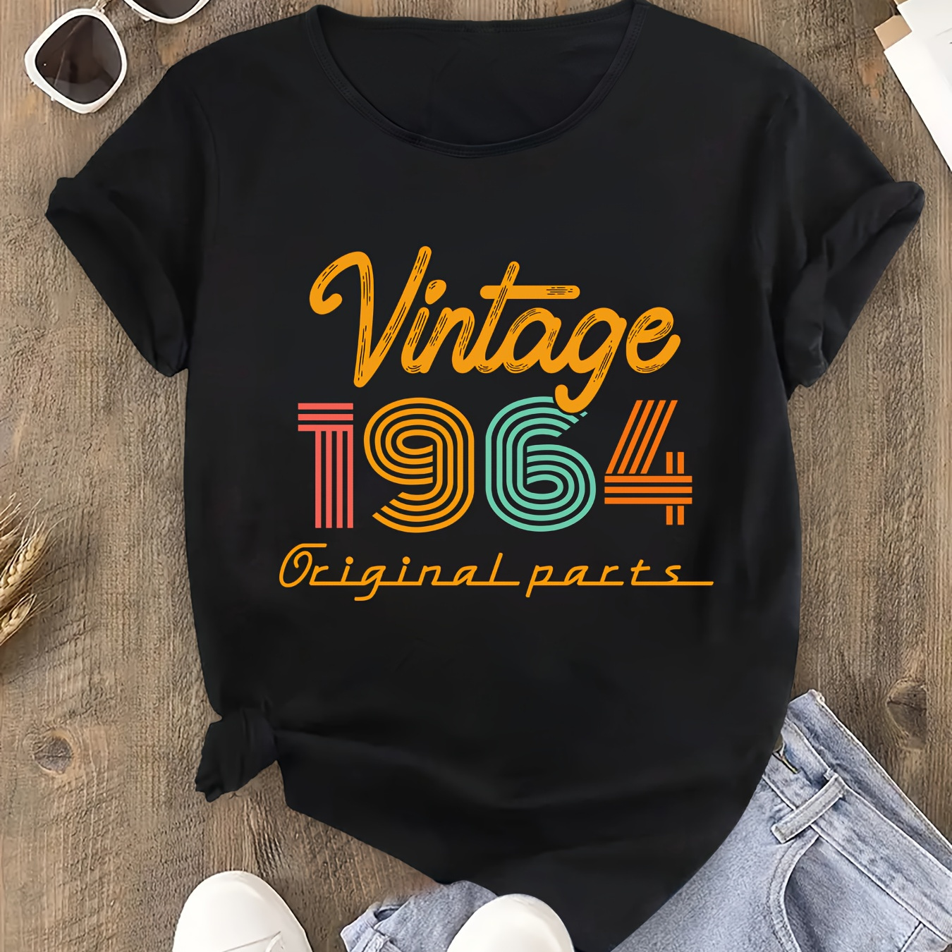 

Plus Size Women's Casual T-shirt With Vintage 1964 Letter Graphic Print, Soft Fabric, Relaxed Fit Top, Short Sleeve, Crew Neck