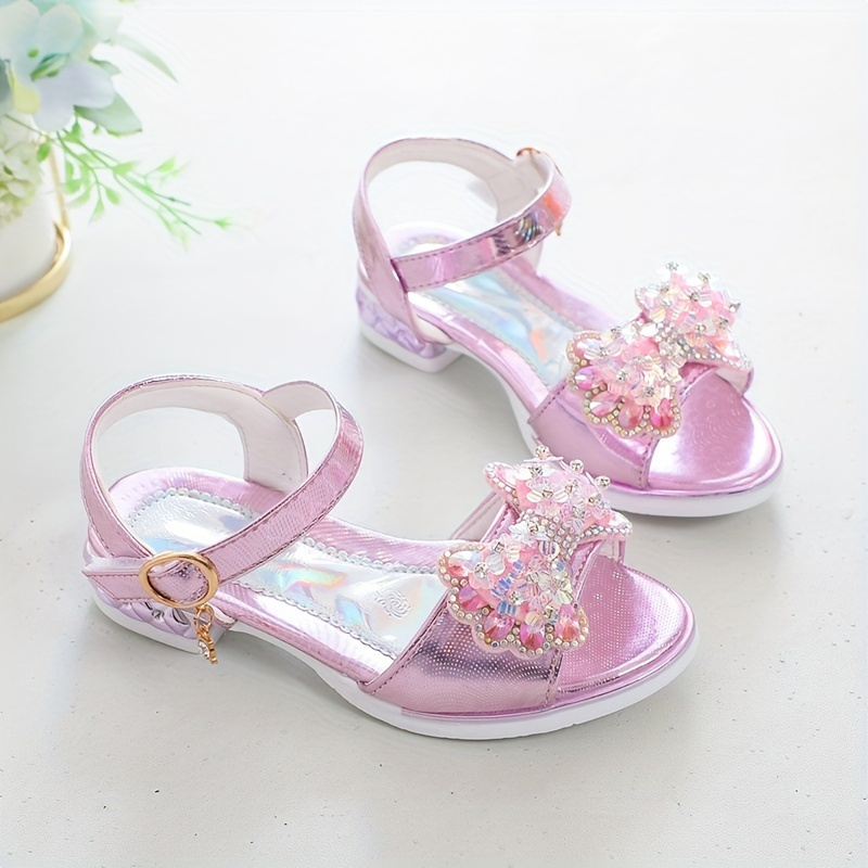 Girls Rhinestone Sandals With Bowknot Decor Glitter Princess Chunky Heel Sandals