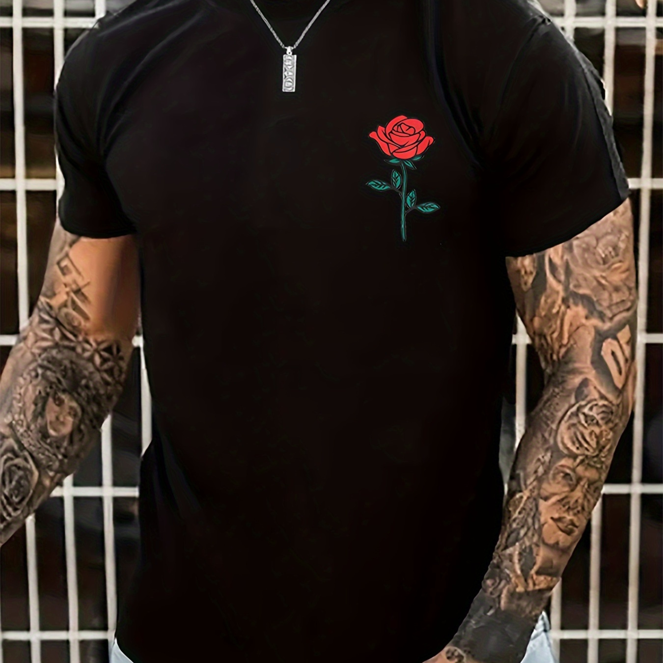 

Rose Print Men's Round Neck Short Sleeve Tee Fashion Regular Fit T-shirt Top For Spring Summer Holiday