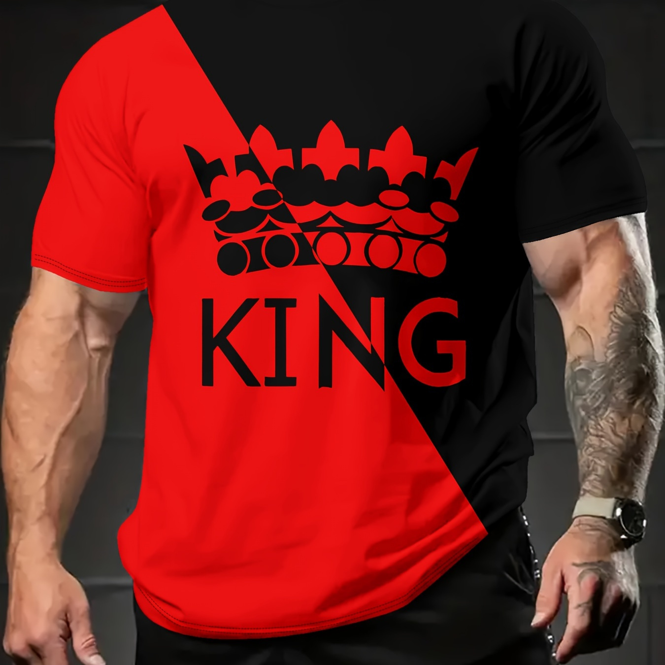 

King Alphabet Print Block Color Crew Neck Short Sleeve T-shirt For Men, Casual Summer T-shirt For Daily Wear And Vacation Resorts