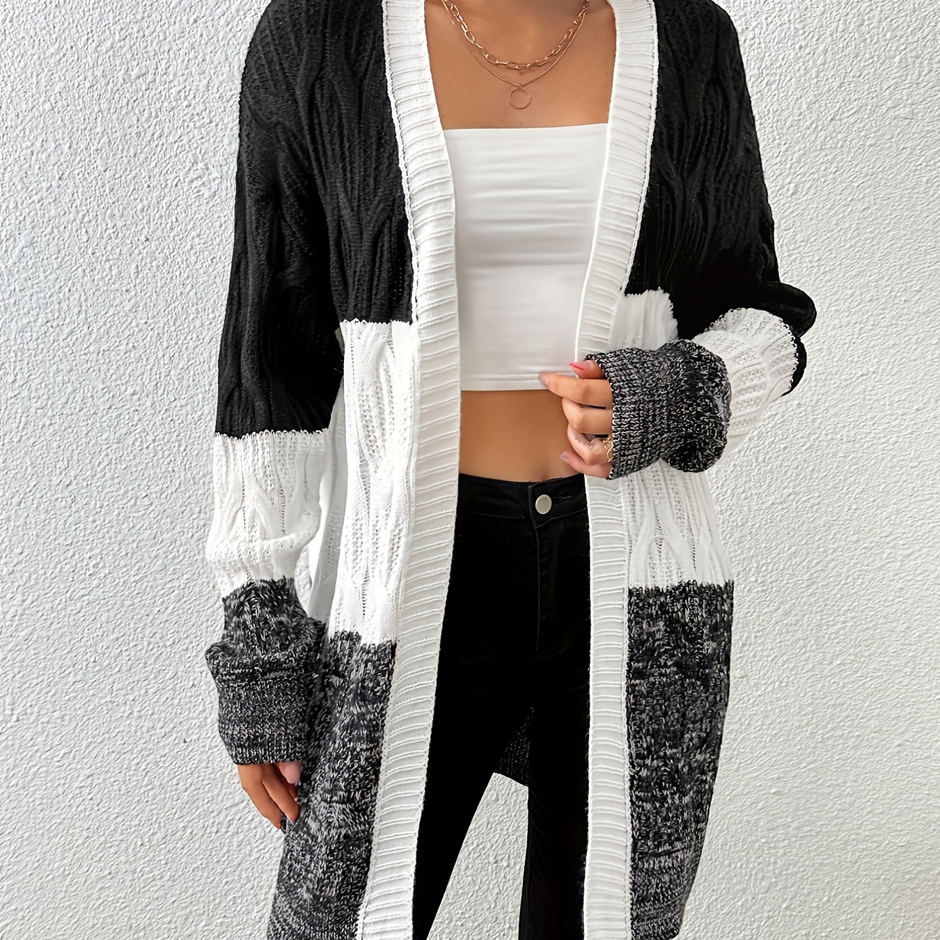 Women's Sweater Black White Grey Color Block Long Sleeve - Temu