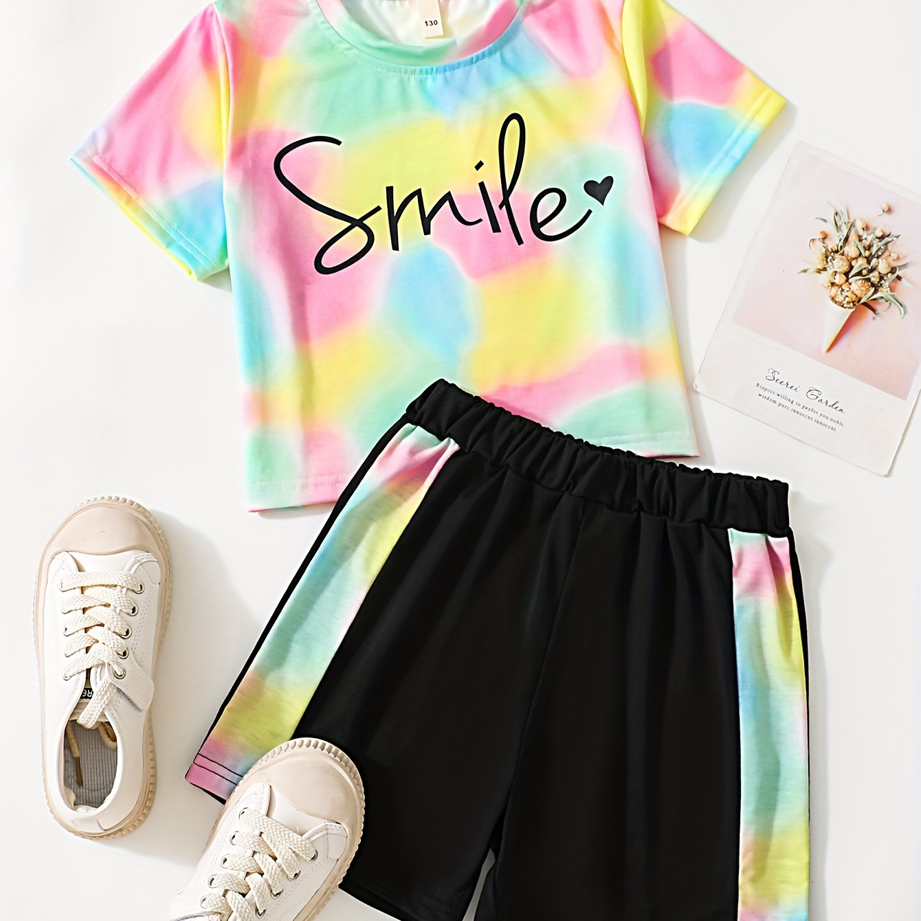 

2pcs Girls Tie Dye Pattern Outfits Smile Graphic Short Sleeve T-shirt + Splicing Shorts Set Summer Gift