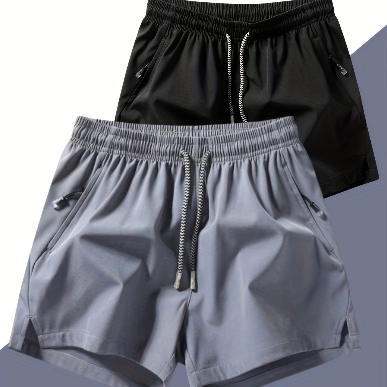 

Men's Two-piece Set Of Solid Color Sports Shorts With Drawstring And Dual Zippered Front Pockets, Casual And Chic Shorts Suitable For Summer Fitness And Outdoors Wear