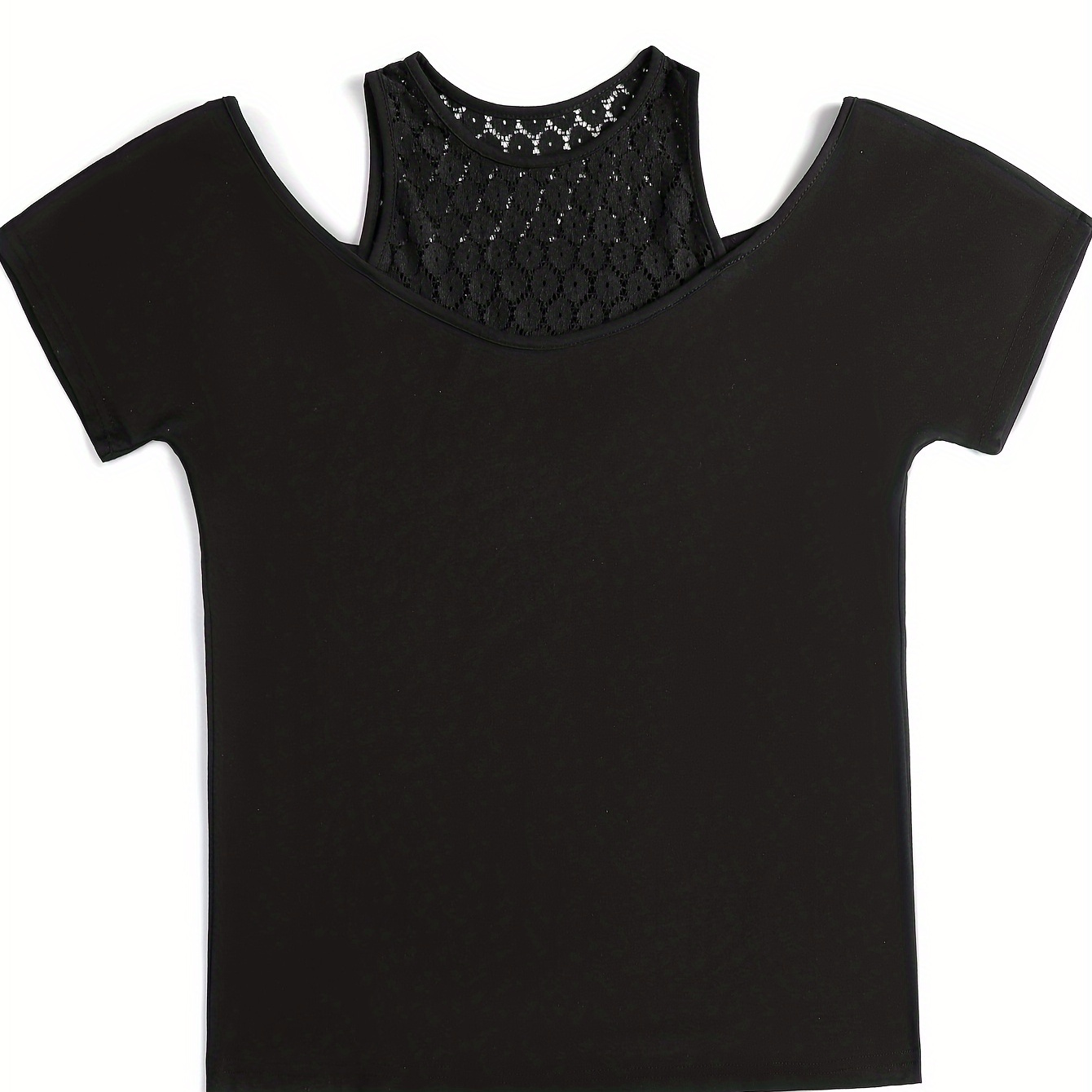 

Contrast Lace Cold Shoulder T-shirt, Casual Short Sleeve T-shirt For Spring & Summer, Women's Clothing