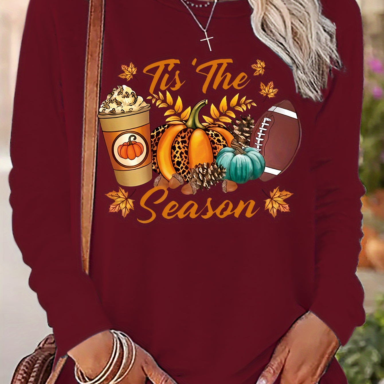 

Women's Long Sleeve Crew Neck T-shirt With Fall Season Applique - Casual Polyester Knit Fabric With Ice Cream Print Design For Fall/winter