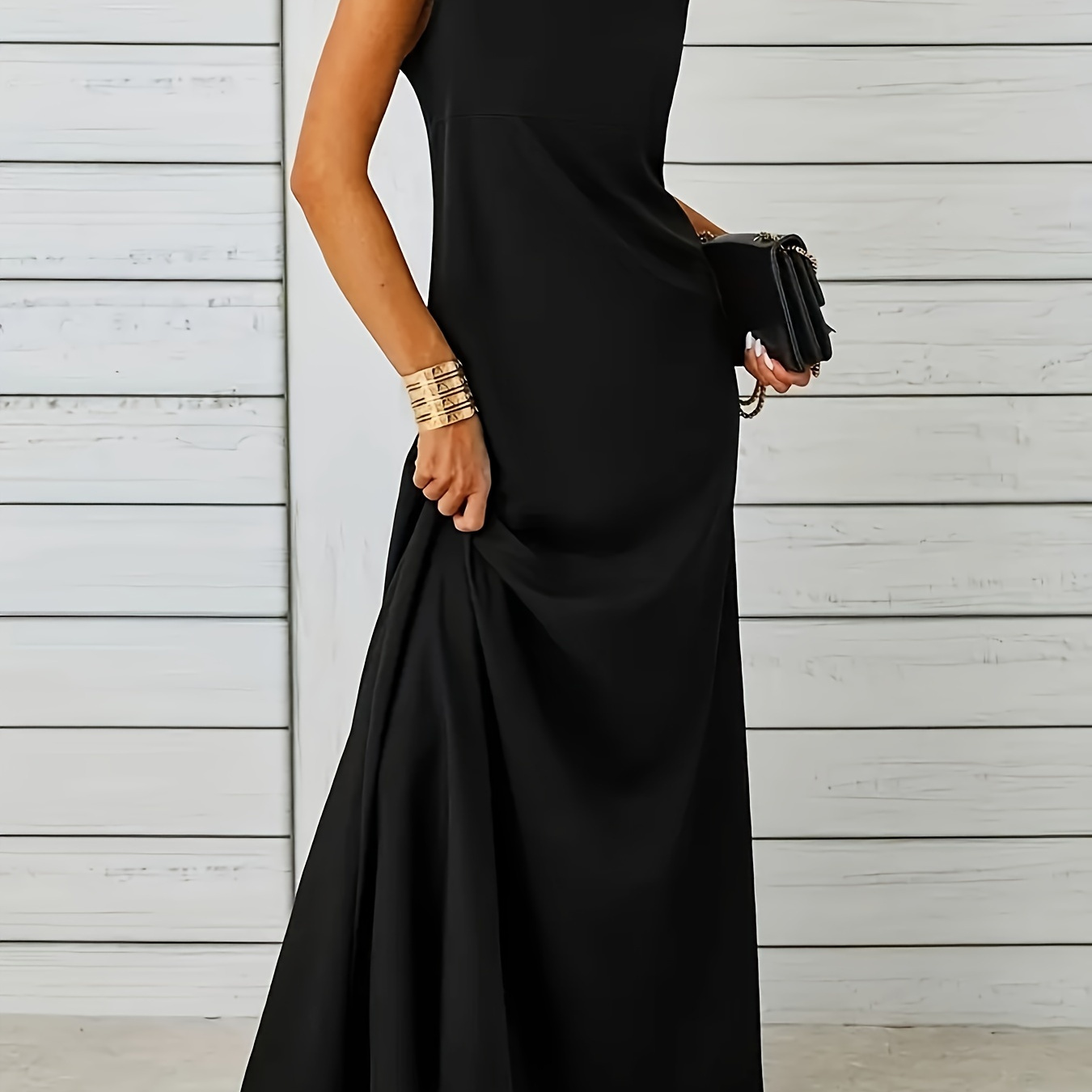 

Solid Color Crew Neck Tank Dress, Elegant Sleeveless Simple Dress For Spring & Summer, Women's Clothing
