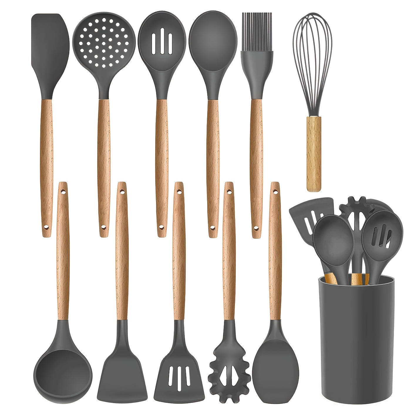 14 Pcs Silicone Cooking Kitchen Utensils Set with Holder, Wooden Handles  BPA Free Non Toxic Silicone Turner Tongs Spatula Spoon Kitchen Gadgets Utensil  Set for Nonstick Cookware (Khaki)