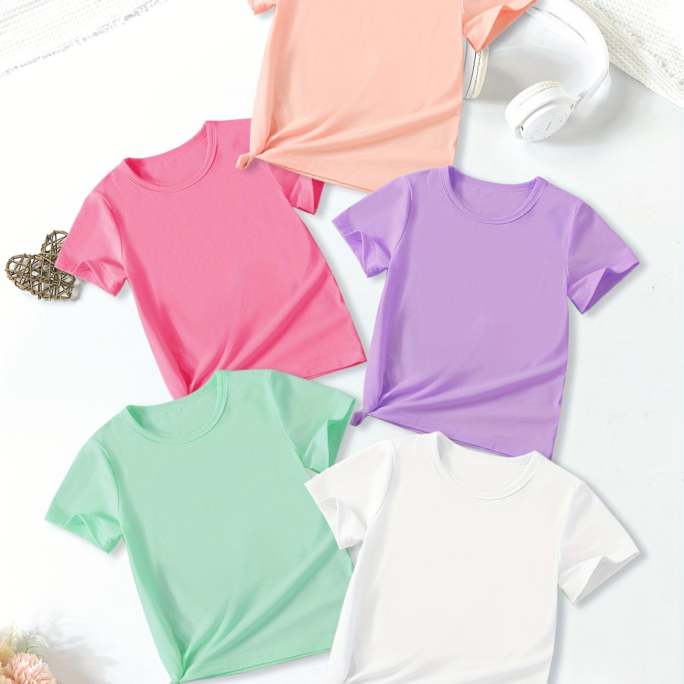 

5pcs Solid Crew Neck Short Sleeve T-shirt Set, Girls Casual Tops For Summer