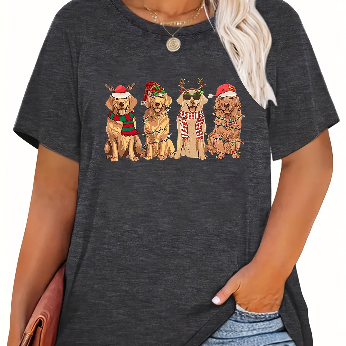 

Women's -size Christmas Dog T-, Polyester , Top, Pattern, , Round , Tee