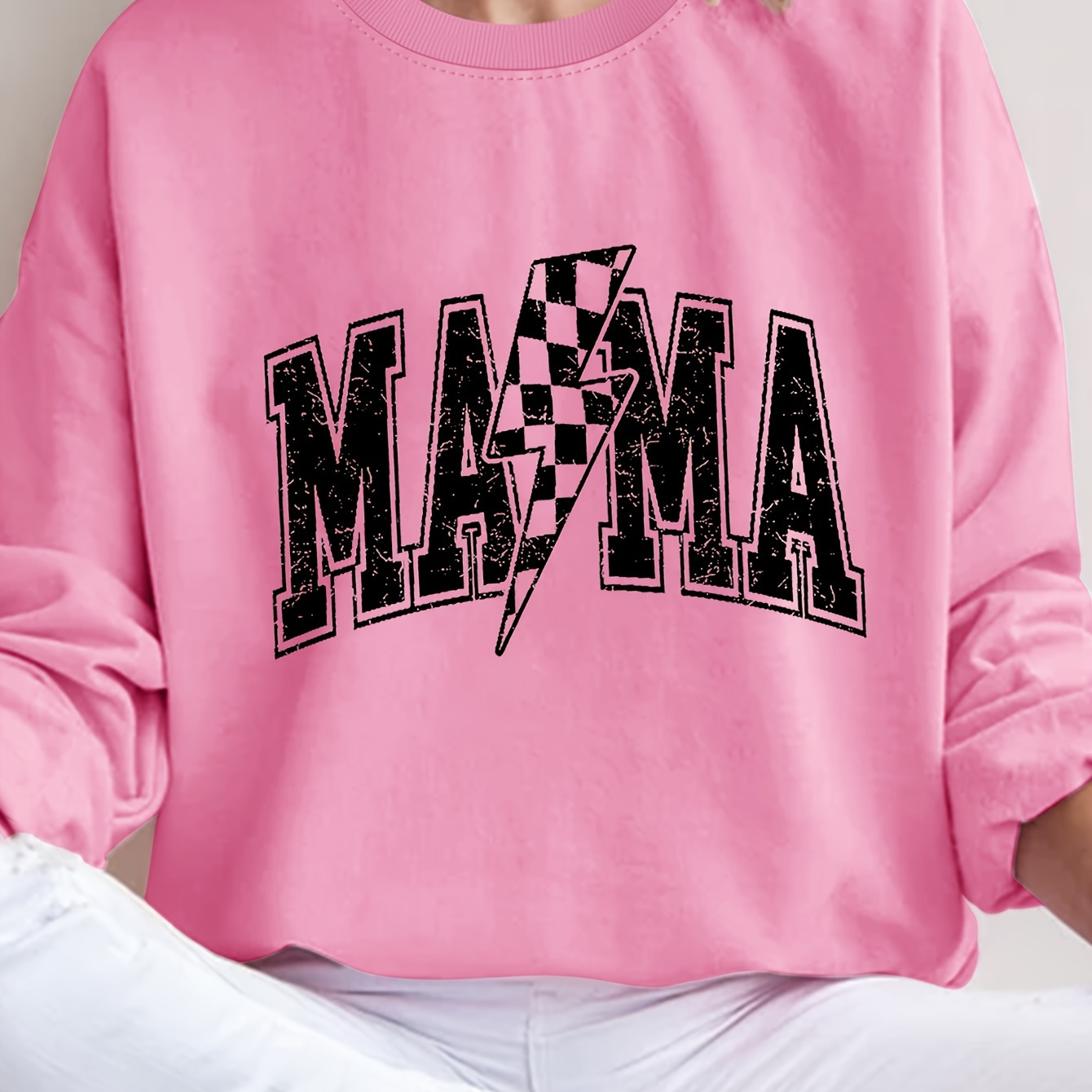 

Plus Size Mama Print Pullover Sweatshirt, Casual Long Sleeve Crew Neck Sweatshirt For Fall & Winter, Women's Plus Size Clothing