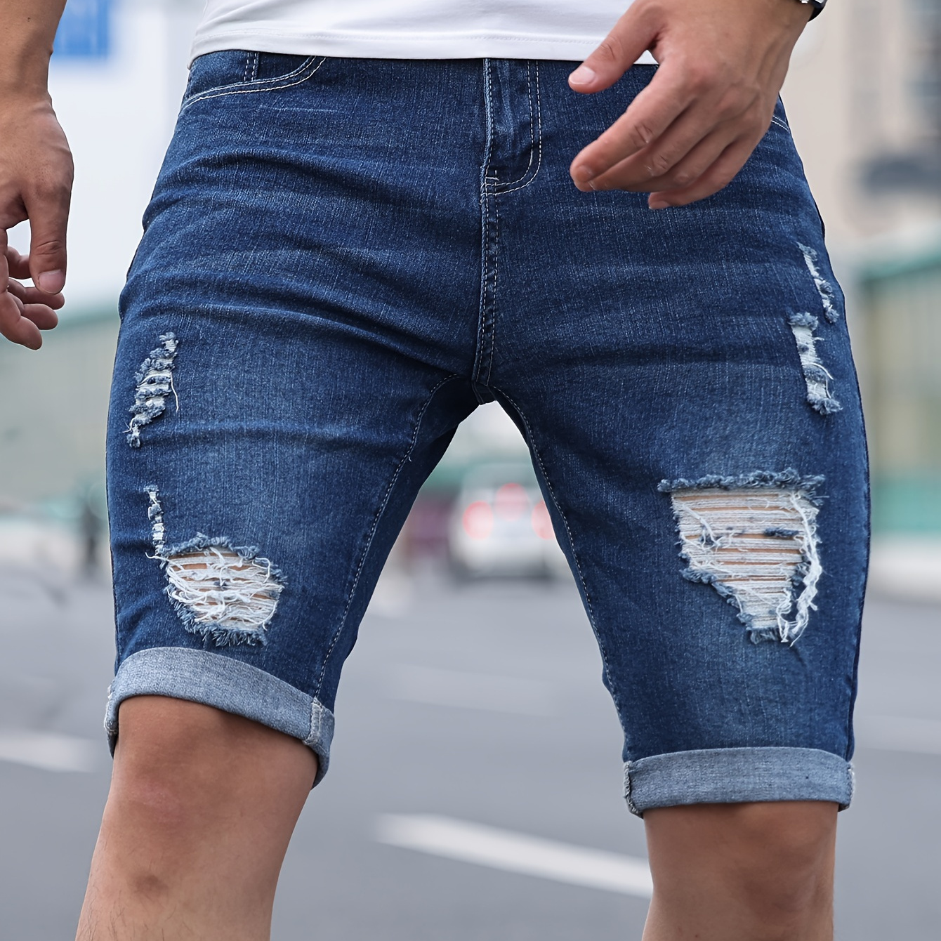 

Men's Solid Ripped Slim Fit Denim Shorts, Summer Trendy Casual Jorts For Males