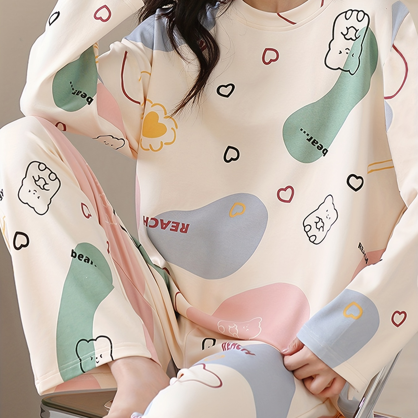 

Cartoon Bear Print Pajama Set, Long Sleeve Crew Neck Top & Elastic Waistband Pants, Women's Sleepwear & Loungewear