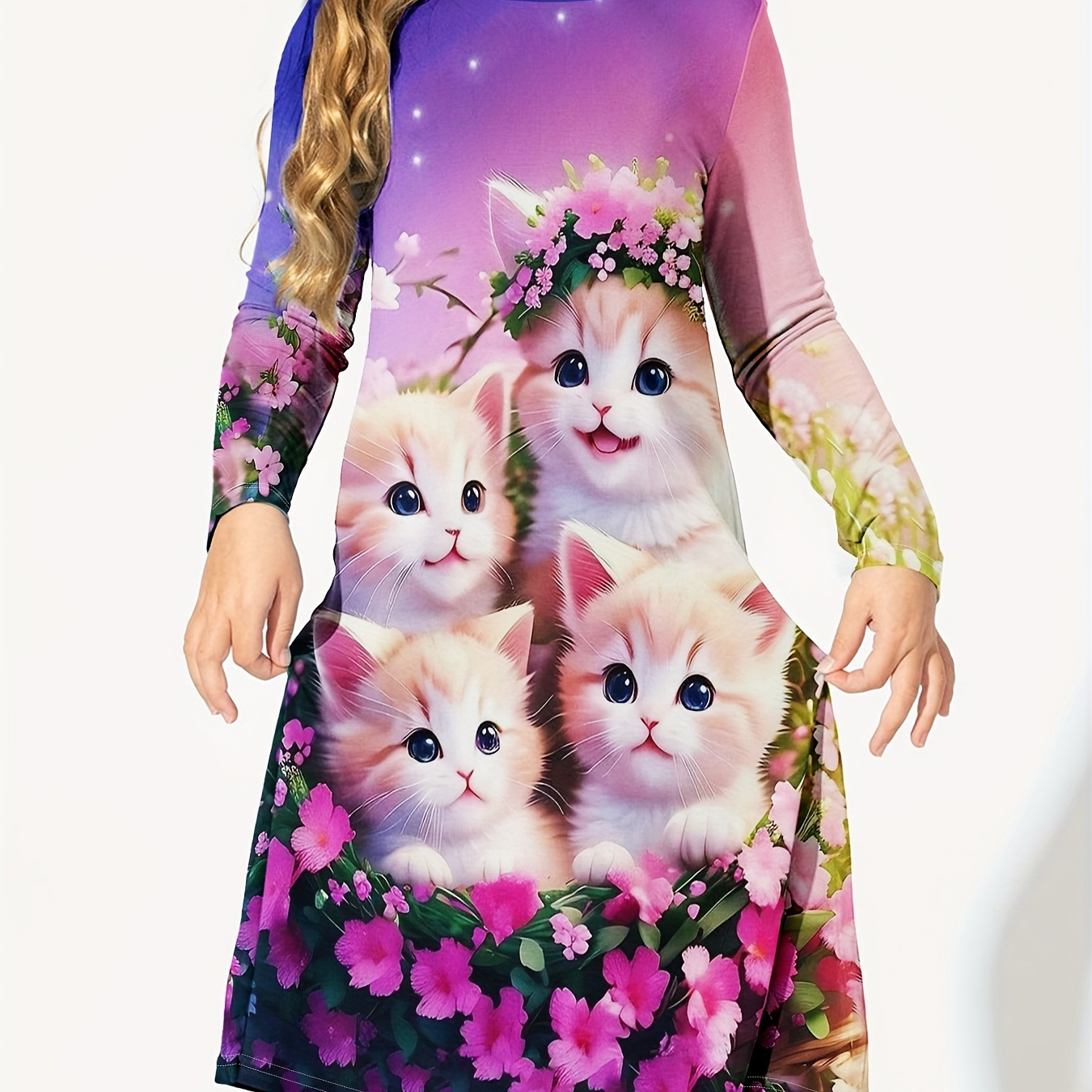 

Cute Kitty Pattern 3d Print Long Sleeve Dress Girls Casual Dresses Spring Fall Christmas Gift Party