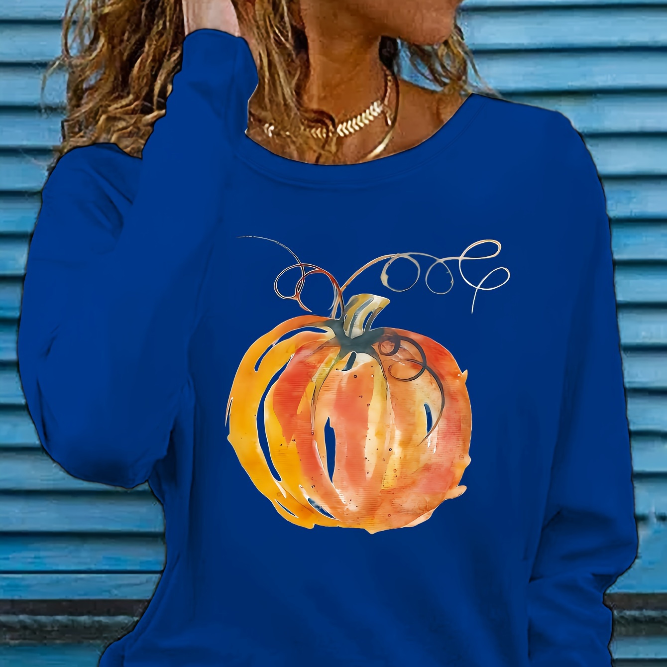 

Pumpkin Print T-shirt, Long Sleeve Crew Neck Casual Top For Spring & Fall, Women's Clothing