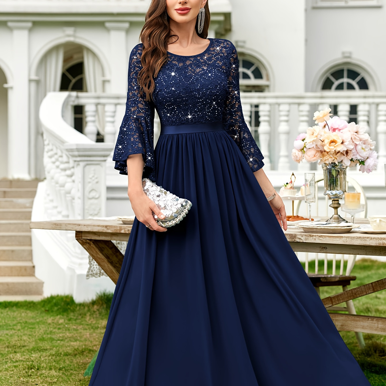 Midi Lace And Sequin Dress Women's V Neck Half Sleeves Lace Maxi Dress For Prom, Homecoming, Midi Lace And Sequin Dress Women's V Neck Half Sleeves Lace Maxi Dress For Prom, Homecoming,