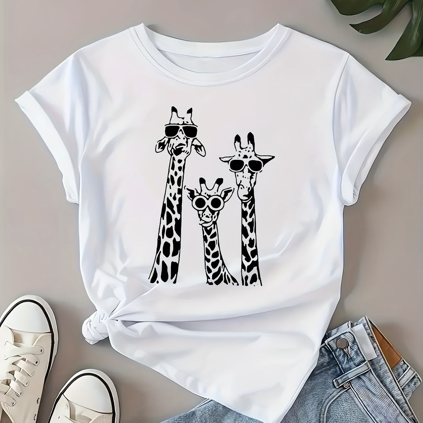 

Giraffe Family Print Cute T-shirt, Crew Neck Short Sleeve Top For Spring & Summer, Women's Clothing