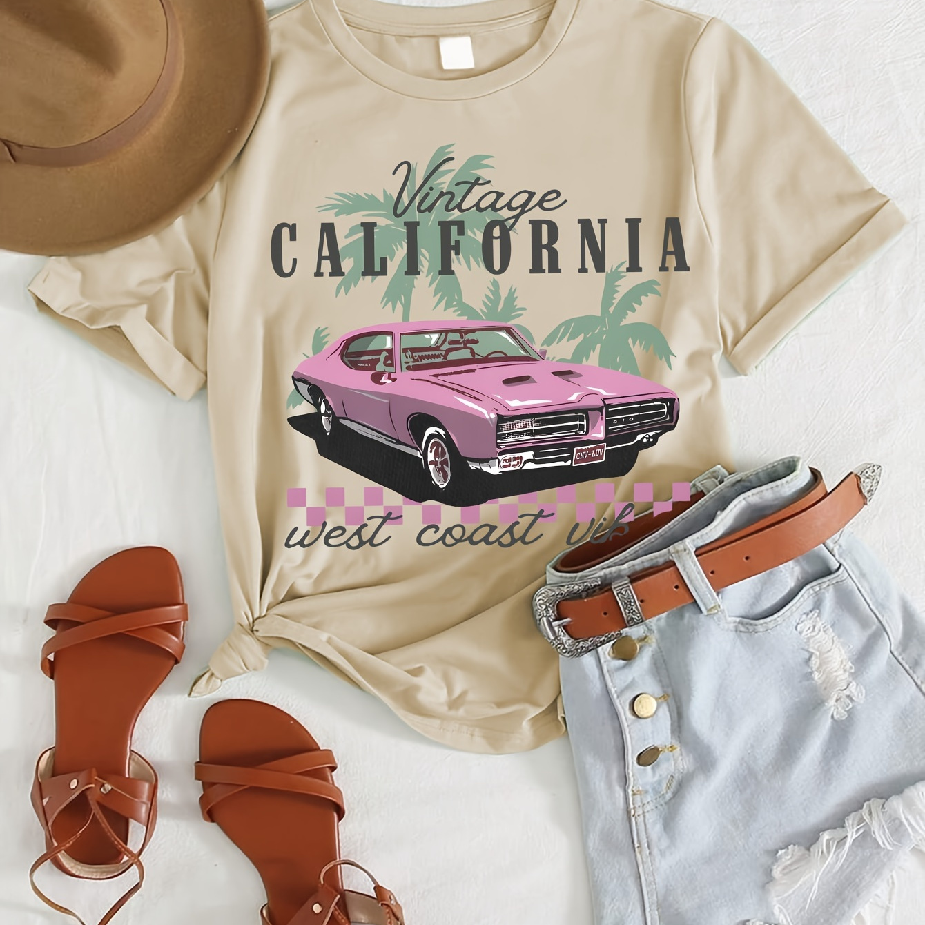 

Girls' Summer Fashion Vintage California Car Print Short Sleeve Tee