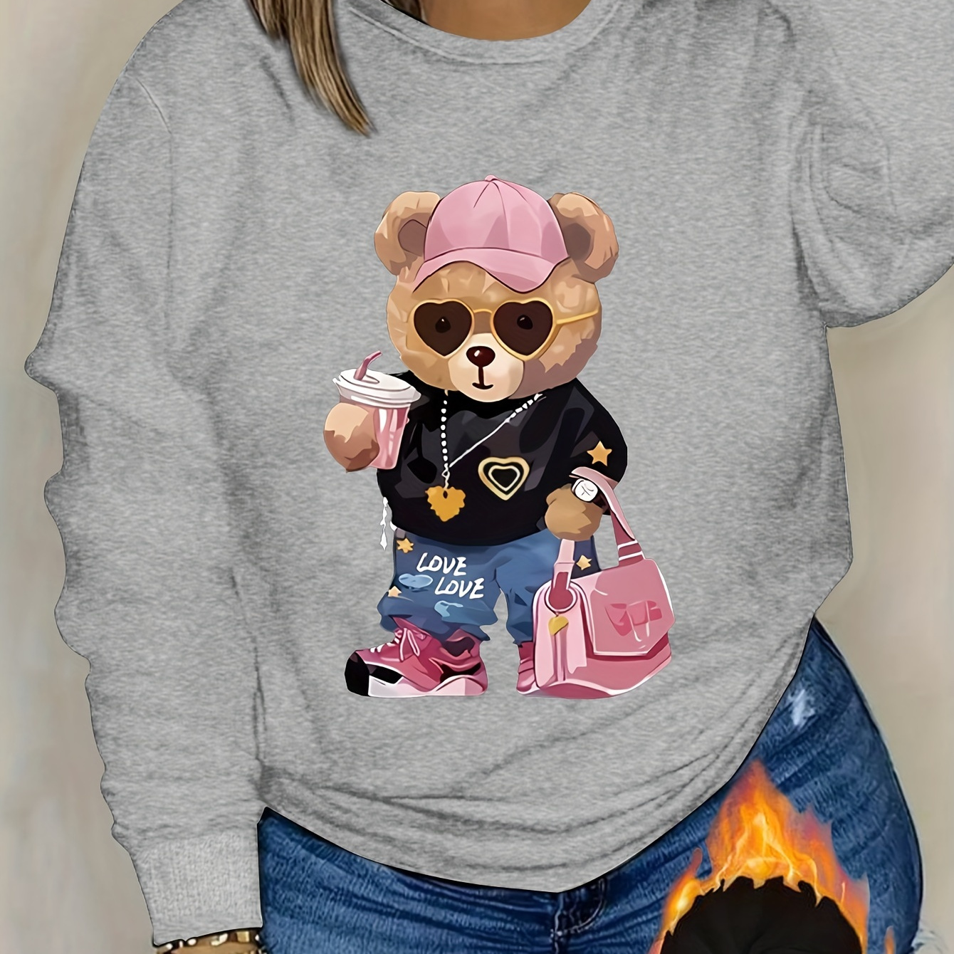 

Bear Print Sweatshirt, Long Sleeve Crew Neck Casual Sweatshirt For Winter & Fall, Women's Clothing