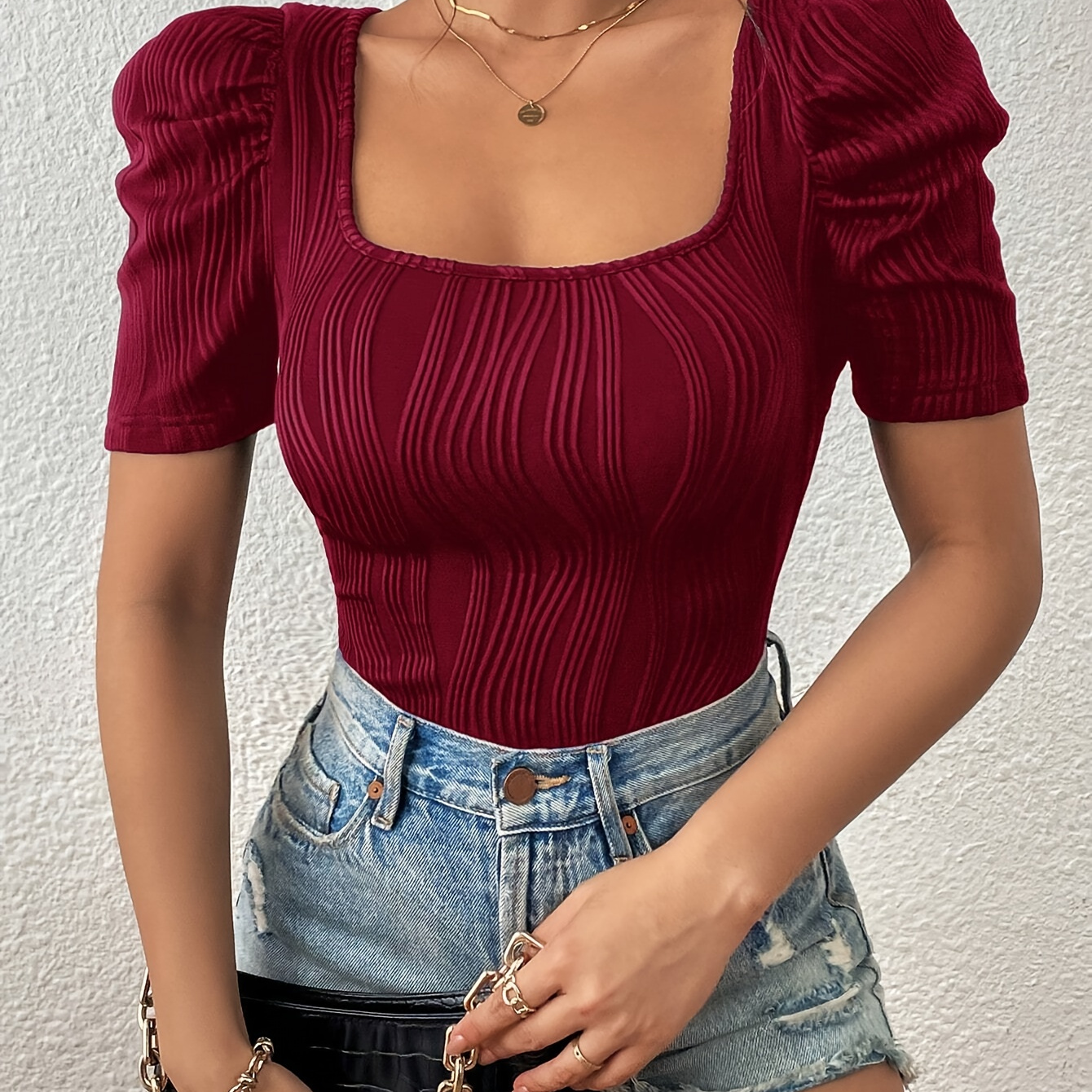 

Elegant Puff Sleeve Ribbed Knit T-shirt With Square Neckline - 95% Polyester, 5% Elastane Solid Color Regular Length Top For All