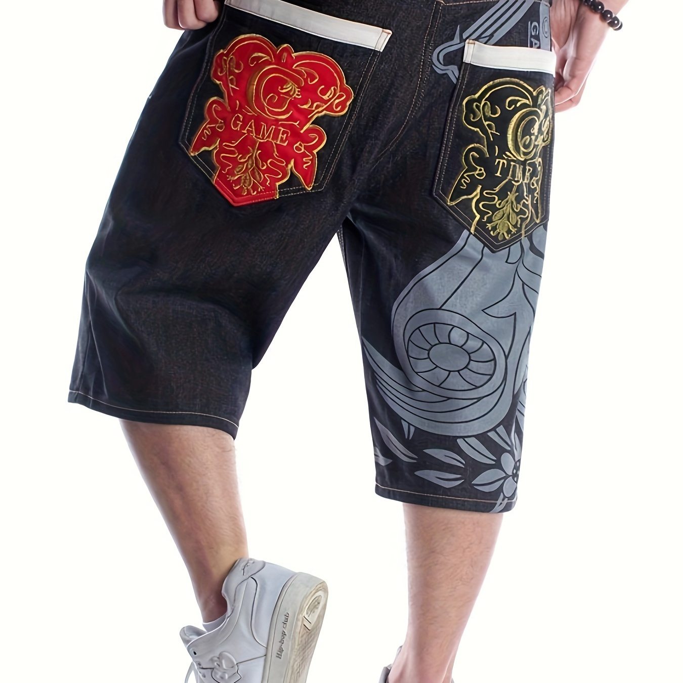 

Men's Summer Leisure Embroidered Denim Shorts Skateboard Trend Hip Hop Graffiti Print Street Dance Party Embroidered Denim Shorts Straight Leg Loose Size 7/4 Middle Pants