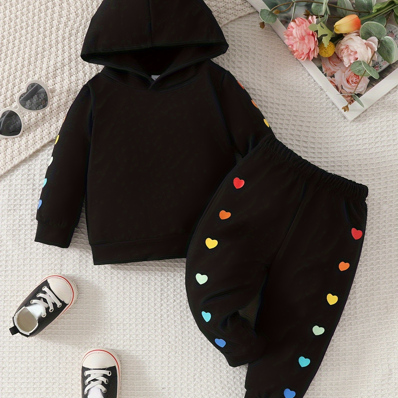 

2pcs Baby's Cartoon Rainbow Color Heart Print Hoodie + Casual Pants, Toddler & Infant Girl's Clothing Set For Spring Fall