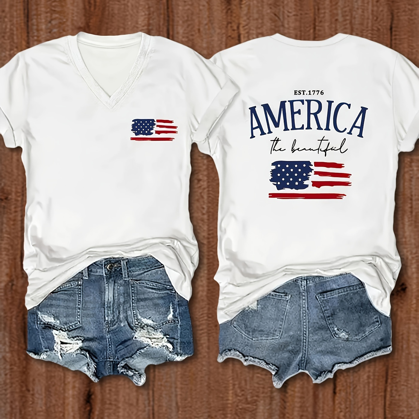

American Flag Print Crew Neck T-shirt, Casual Short Sleeve T-shirt For Spring & Summer, Women's Clothing
