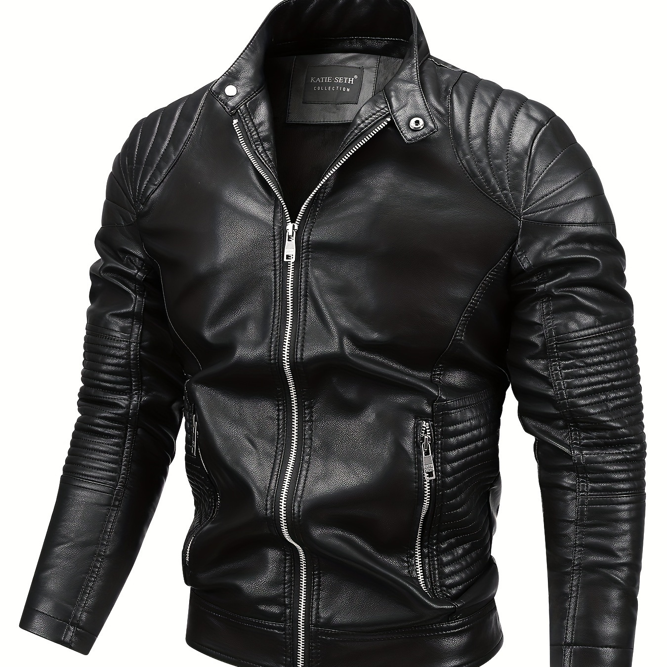 

Men's Sleek Black Leather Jacket - Casual Stand Collar, Fleece-lined Biker Style For Spring & Fall