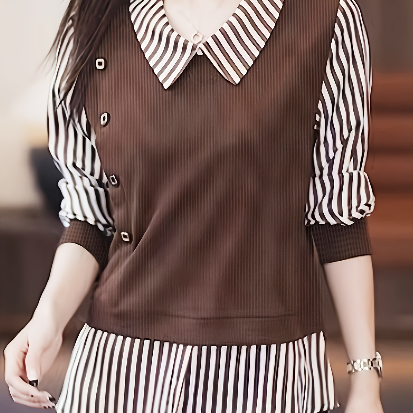 

Stripe Print Faux Twinset Blouse, Casual Three-quarter Sleeve Blouse For Spring & Summer, Women's Clothing