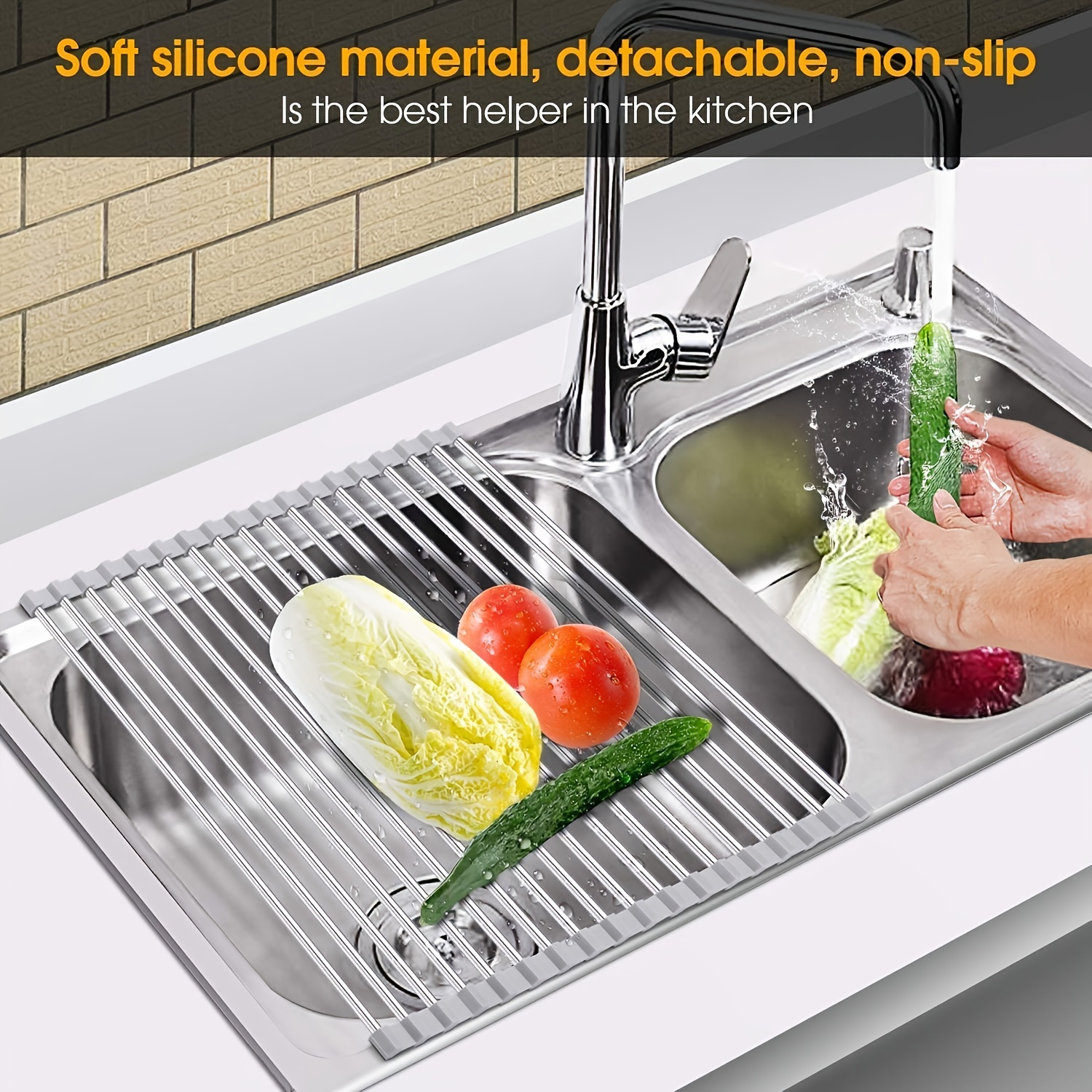 Roll Up Dish Drying Rack for Kitchen Sink Counter , Over The Sink Kitchen  Dish Drainer, Stainless Steel Foldable Sink Rack Mat (18''x13'') 