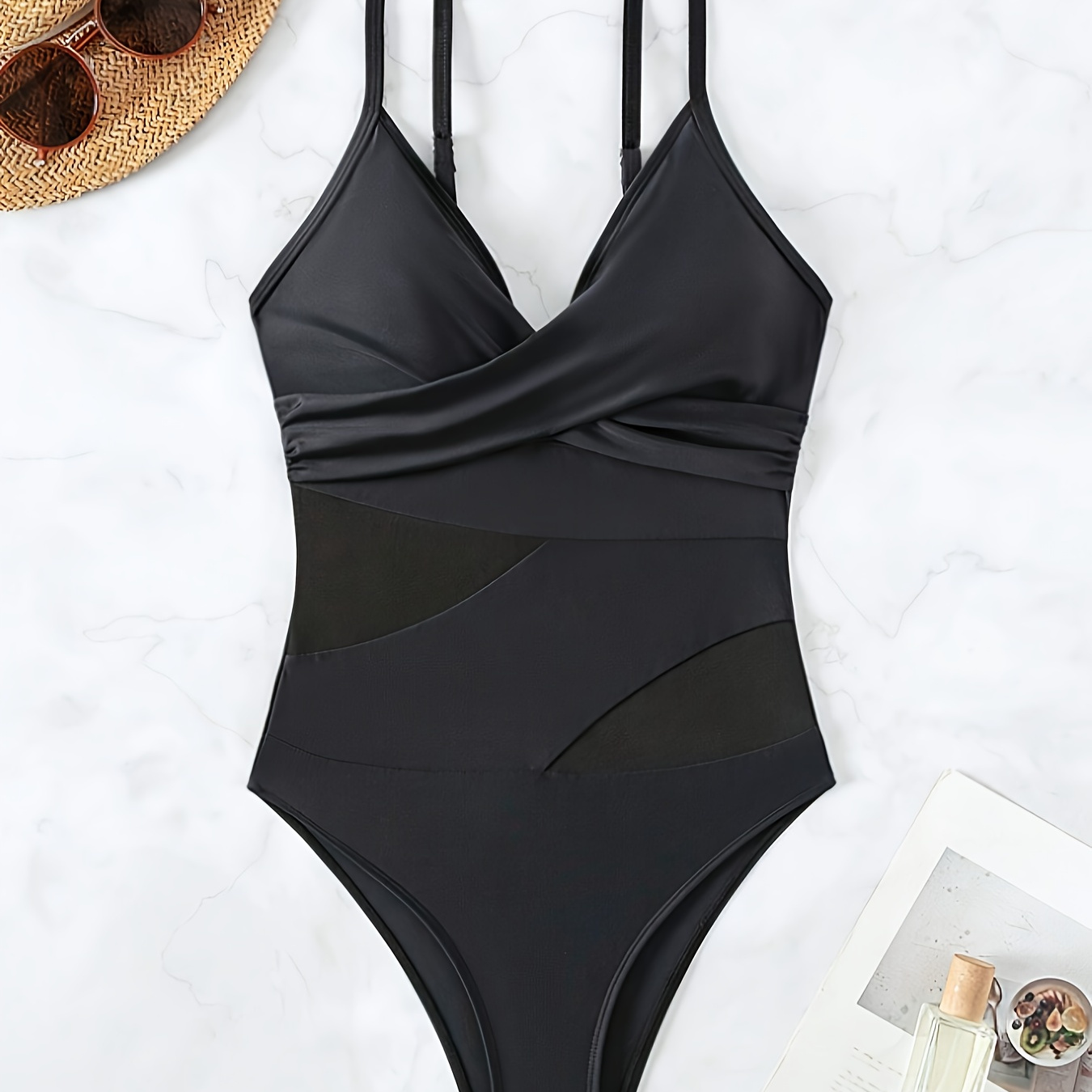 

Solid Color Layered One-piece Swimsuit, V Neck Contrast Mesh High Cut Bathing Suits, Women's Swimwear & Clothing