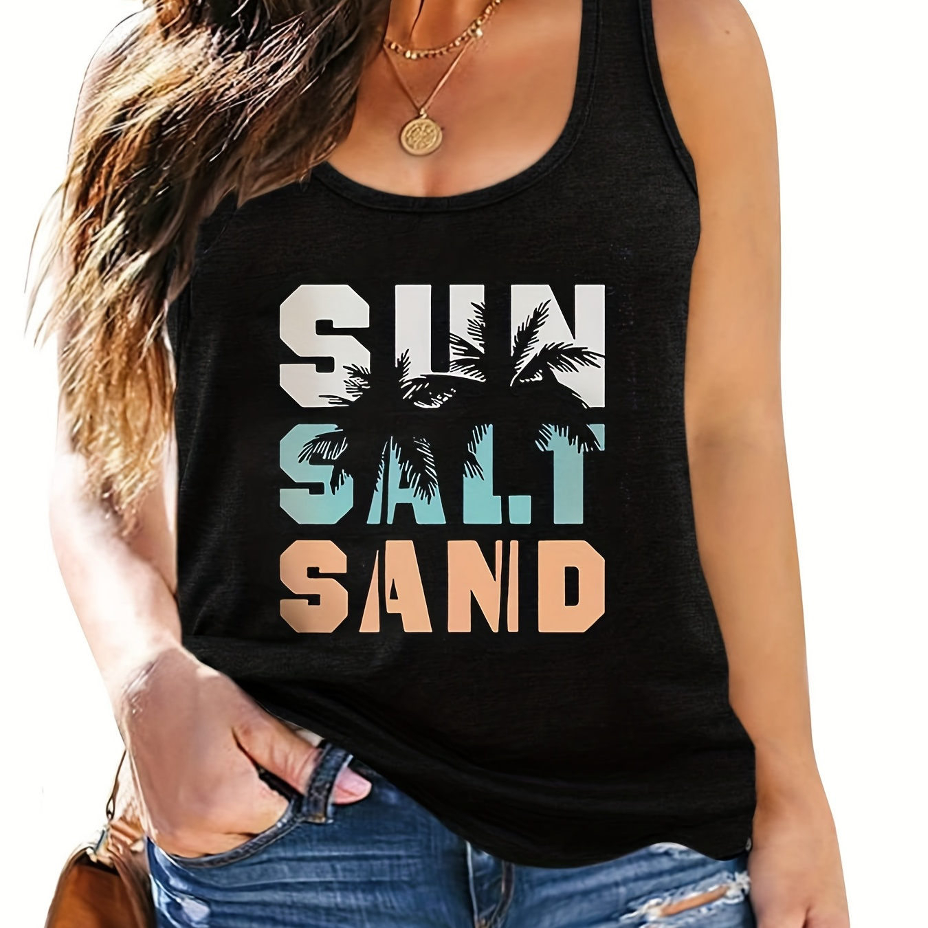 

Plus Size Casual Tank Top, Women's Plus Art Letter Print Medium Stretch Tank Top