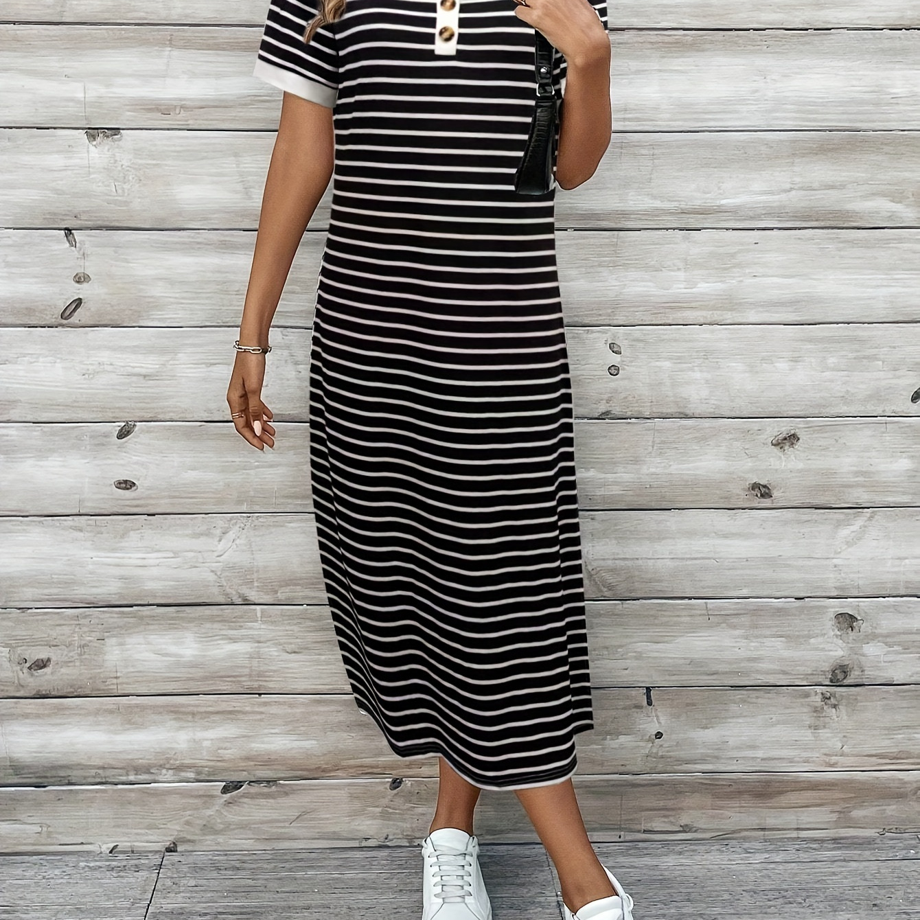 

Button Front Striped Colorblock Dress, Casual Crew Neck Short Sleeve Dress For , Women's Clothing