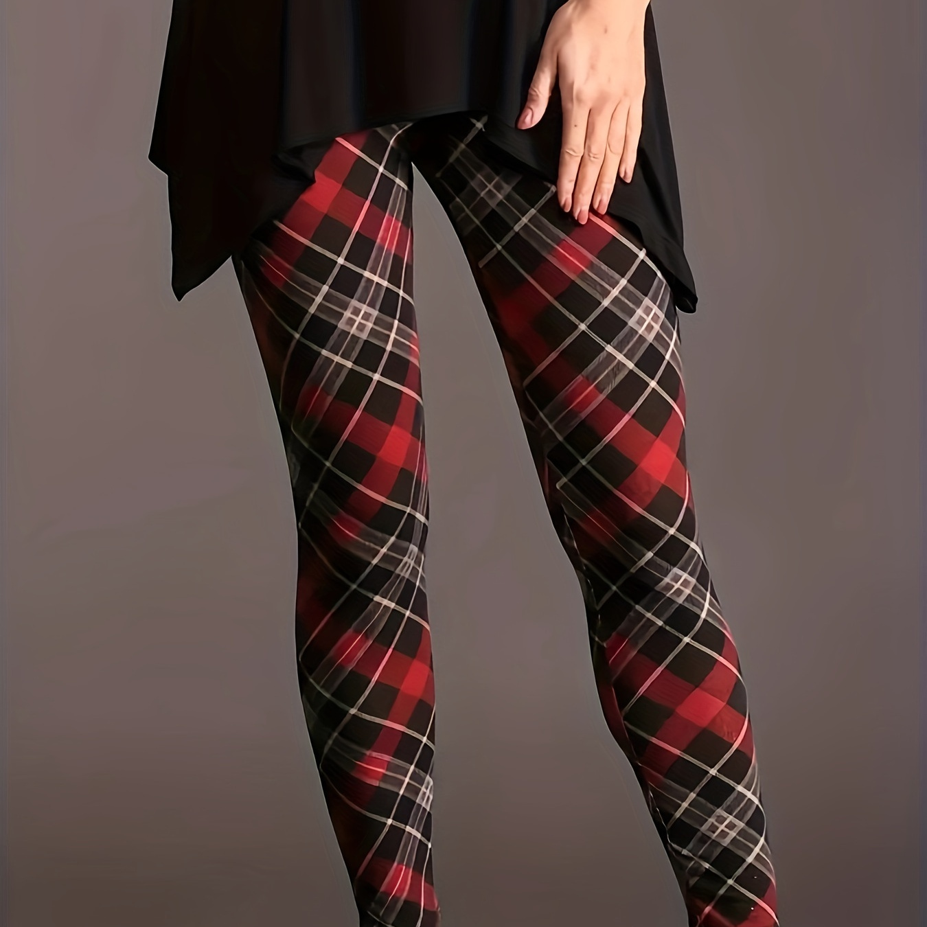 

Women's Tartan Print Skinny Leggings, 100% Polyester Knit Fabric, Stretchy Pants For Adult, Breathable And Comfortable