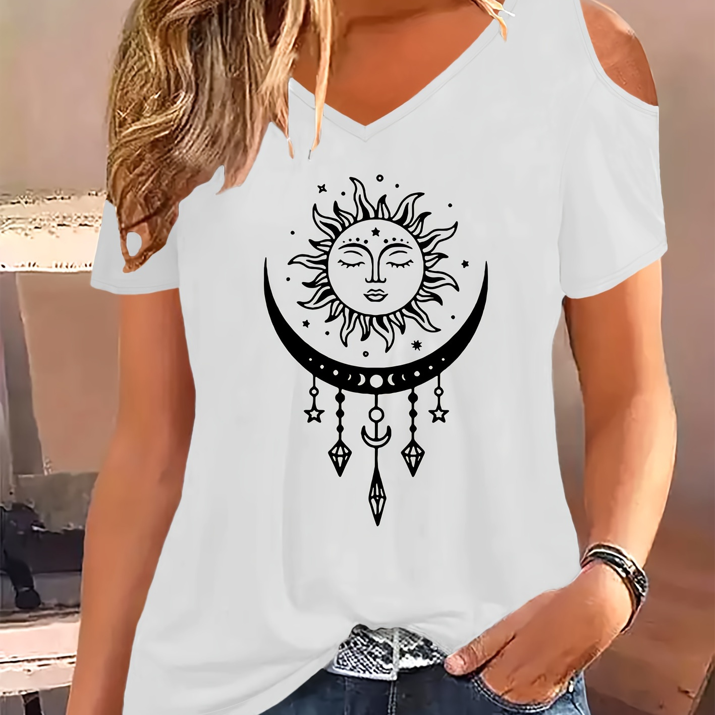 

Moon Print Cold Shoulder T-shirt, Short Sleeve V Neck Casual Top For Summer & Spring, Women's Clothing