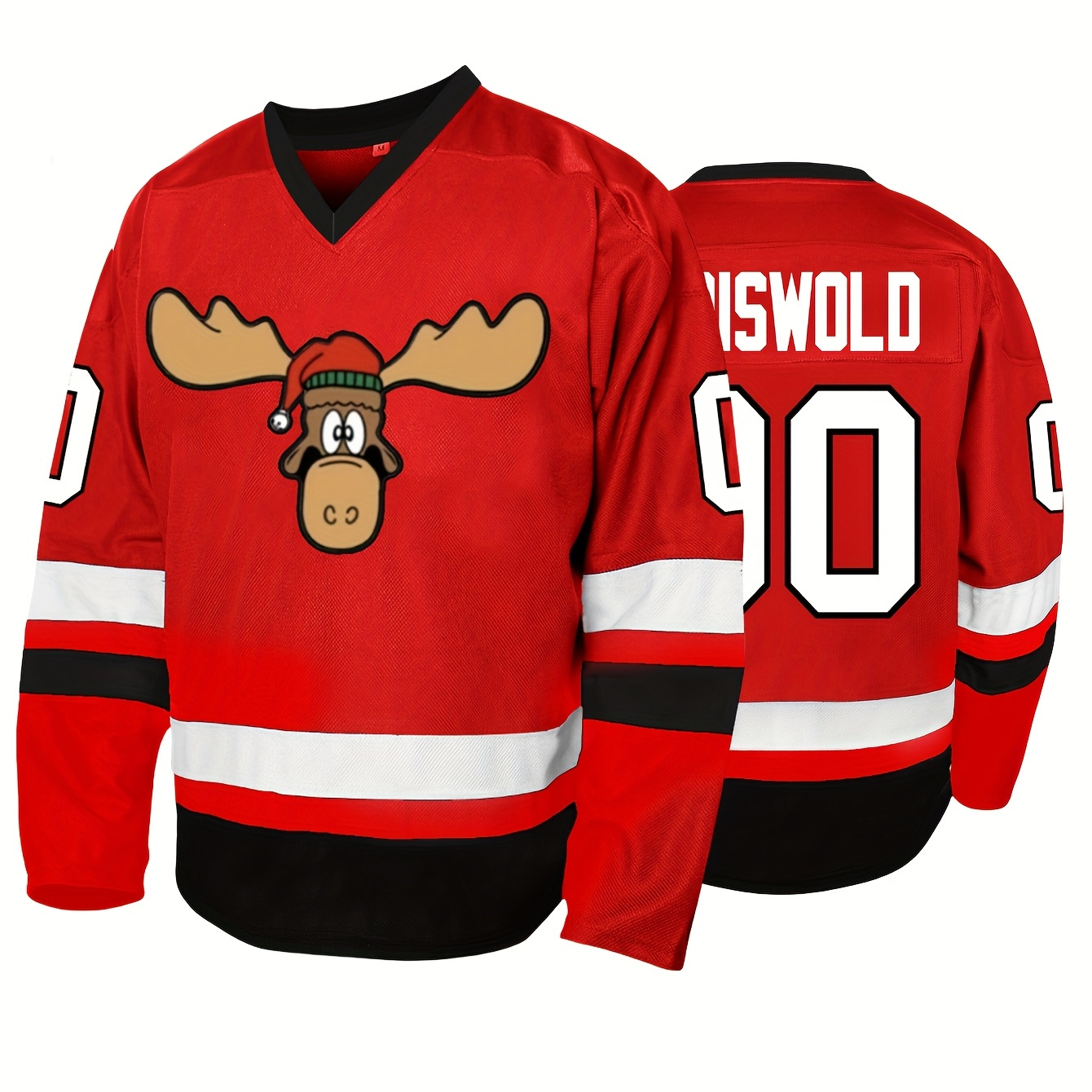 

1pc Men's Hockey Jersey, Christmas Series Retro Classic, Embroidered Moose & Stitching, Breathable Polyester Pullover, Loose Fit V-neck Top For Sports, Parties & Casual Wear