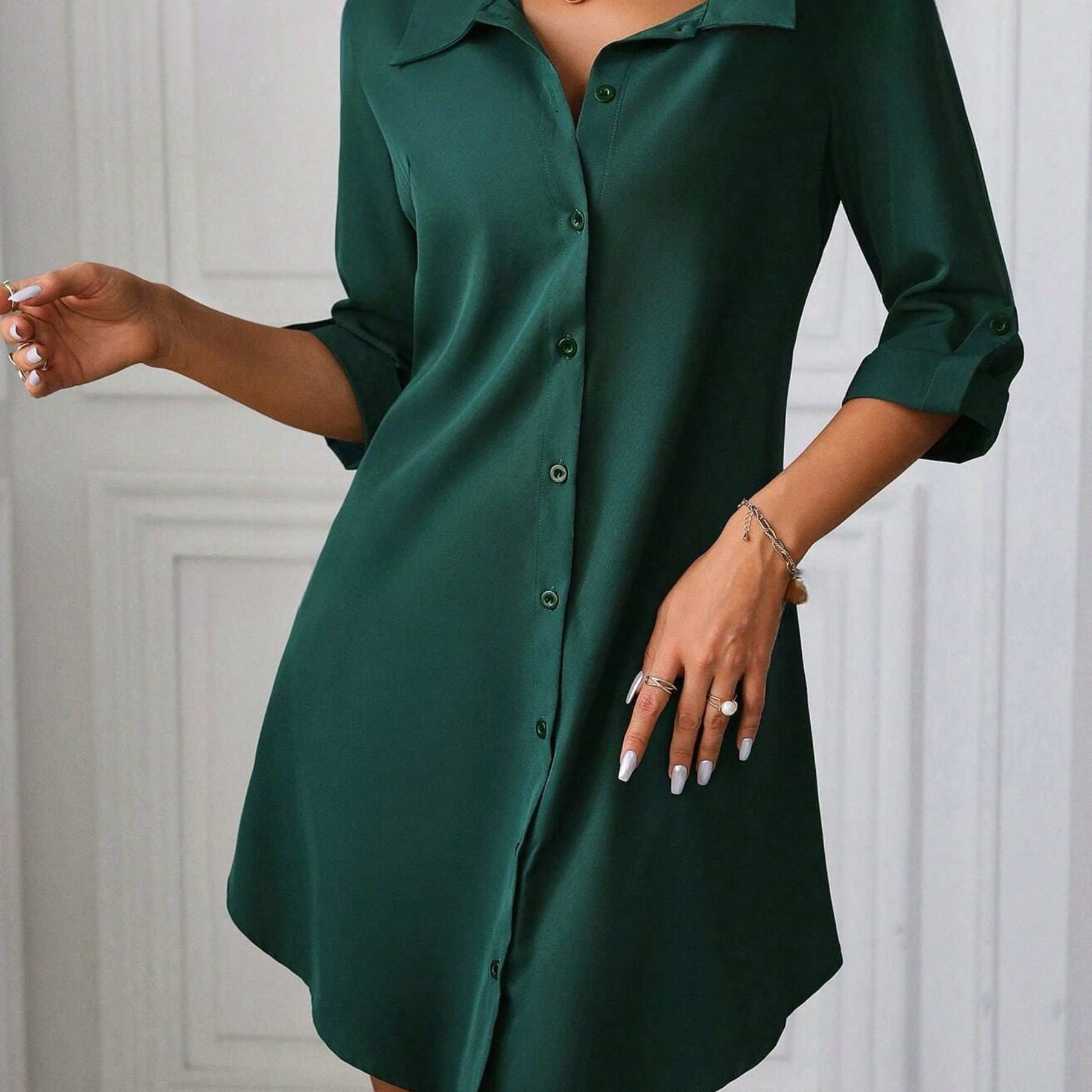 

Robe chemise boutonnée à col pour femme, polyester, couleur unie, longueur courte, manches longues, manches retroussables, ceinture, toutes , adulte, tissu tissé