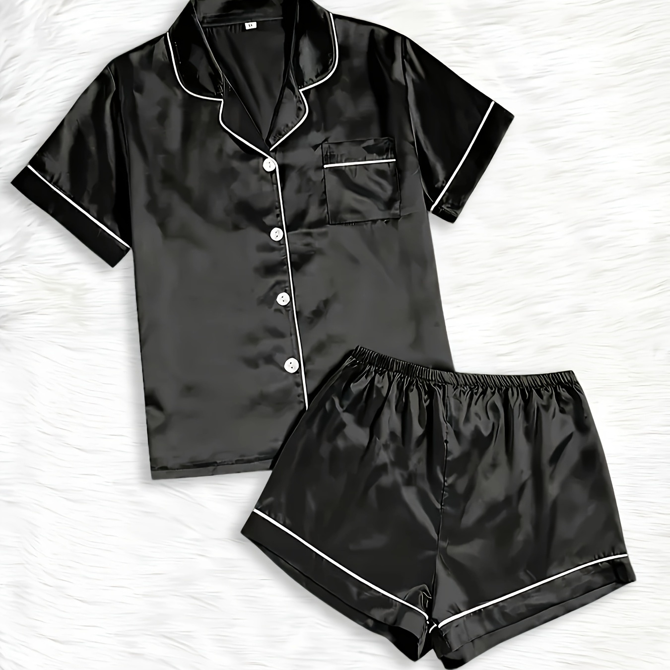 Women'S Satin Pajama Set - Black Short Sleeve Shirt & Shorts with White Trim, Casual Home Wear, Polyester Blend, All-Season Comfort, Casual Wear|Trimmed Edges|Polyester Blend