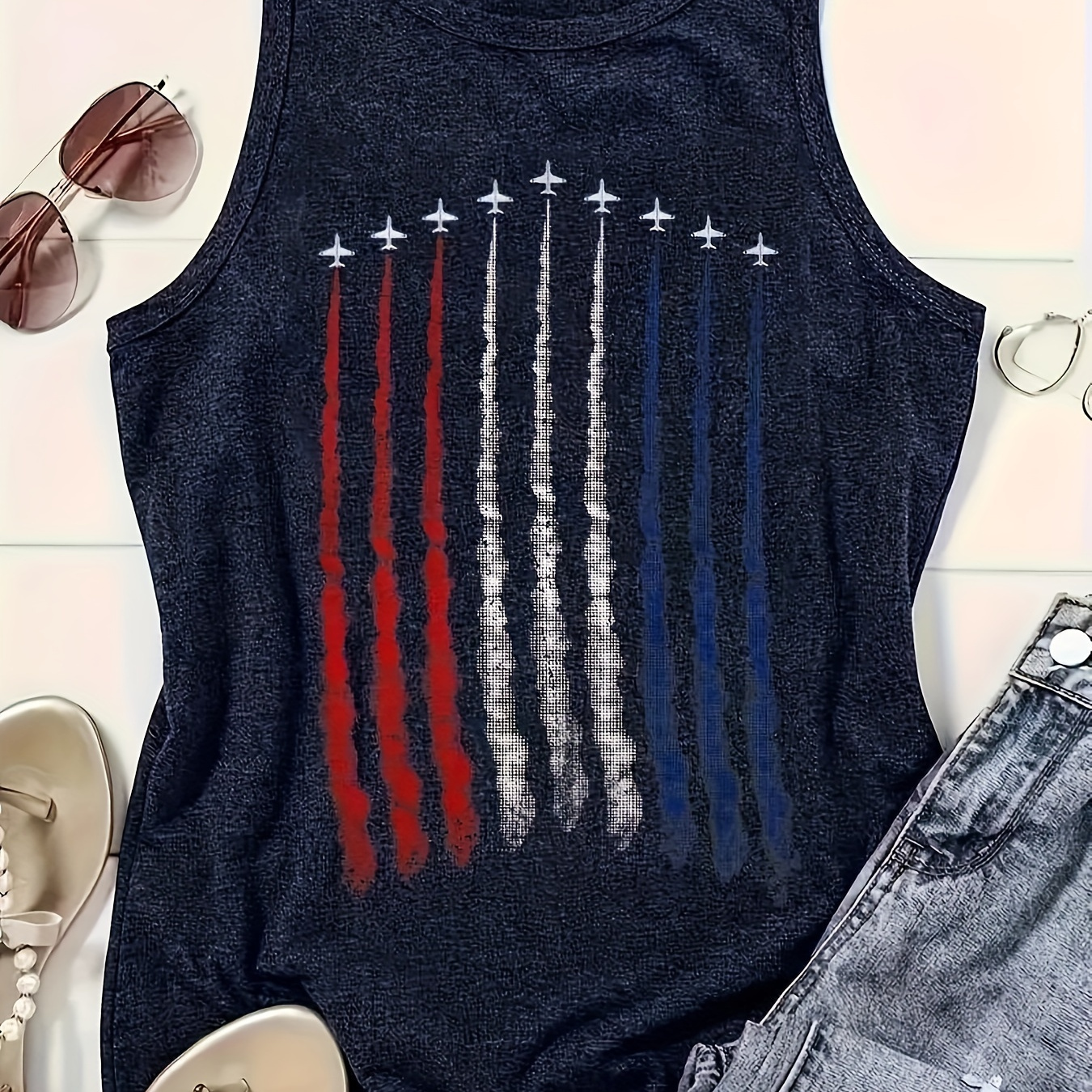 

Plus Size Airplane Print Tank Top, Sleeveless Casual Top For Summer & Spring, Women's Plus Size Clothing