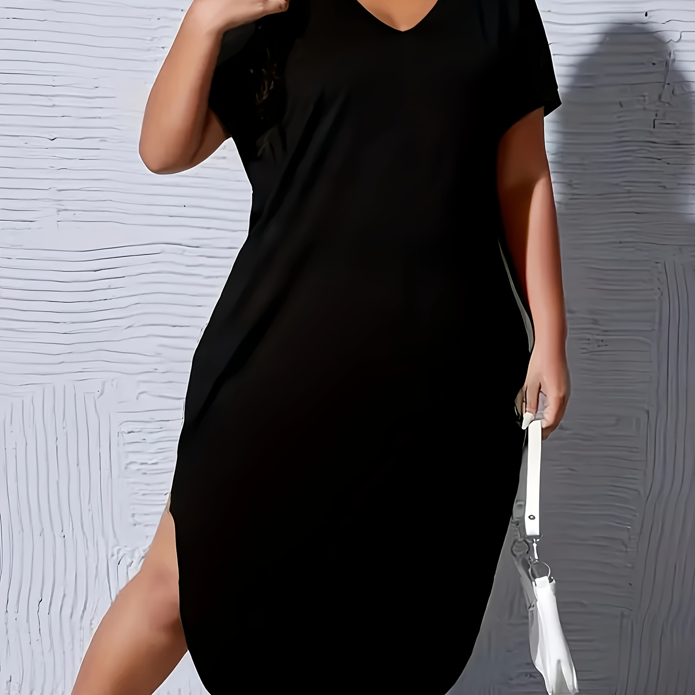 

Plus Size Solid Color Batwing Sleeve Dress, Casual Simple V Neck Dress For Spring & Summer, Women's Plus Size Clothing