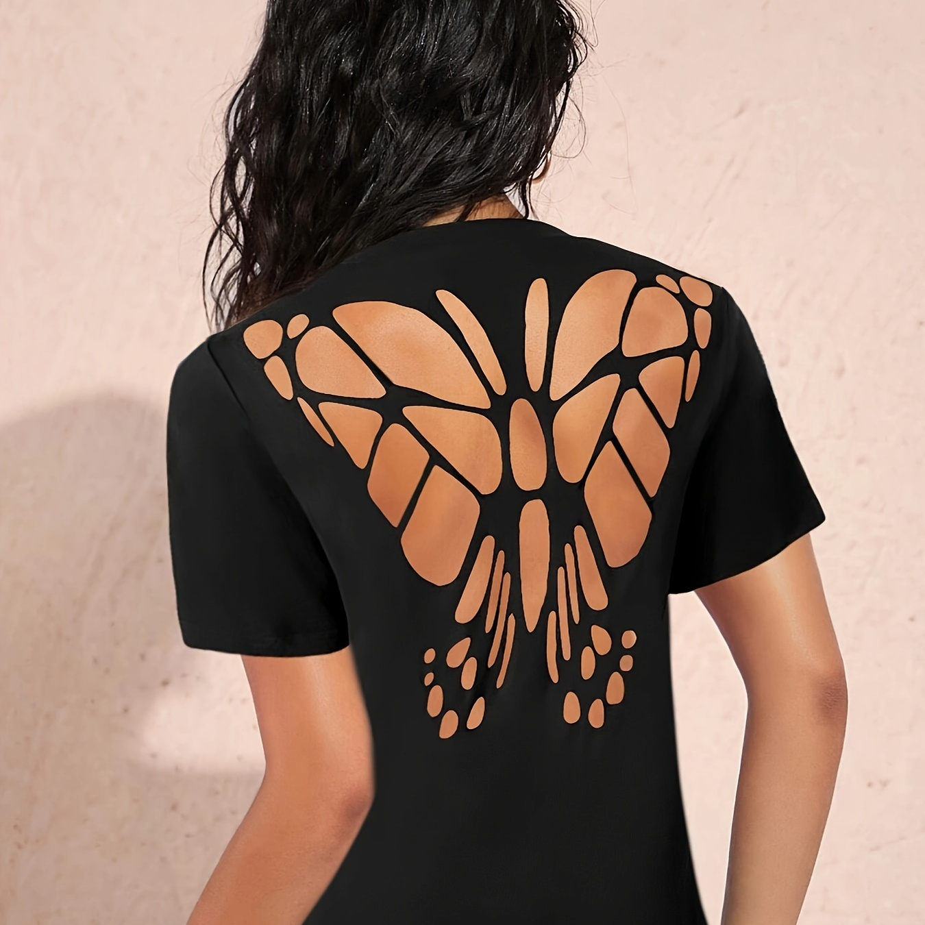 

Butterfly Shaped Hollow Out T-shirt, Casual Short Sleeve T-shirt For Spring & Summer, Women's Clothing