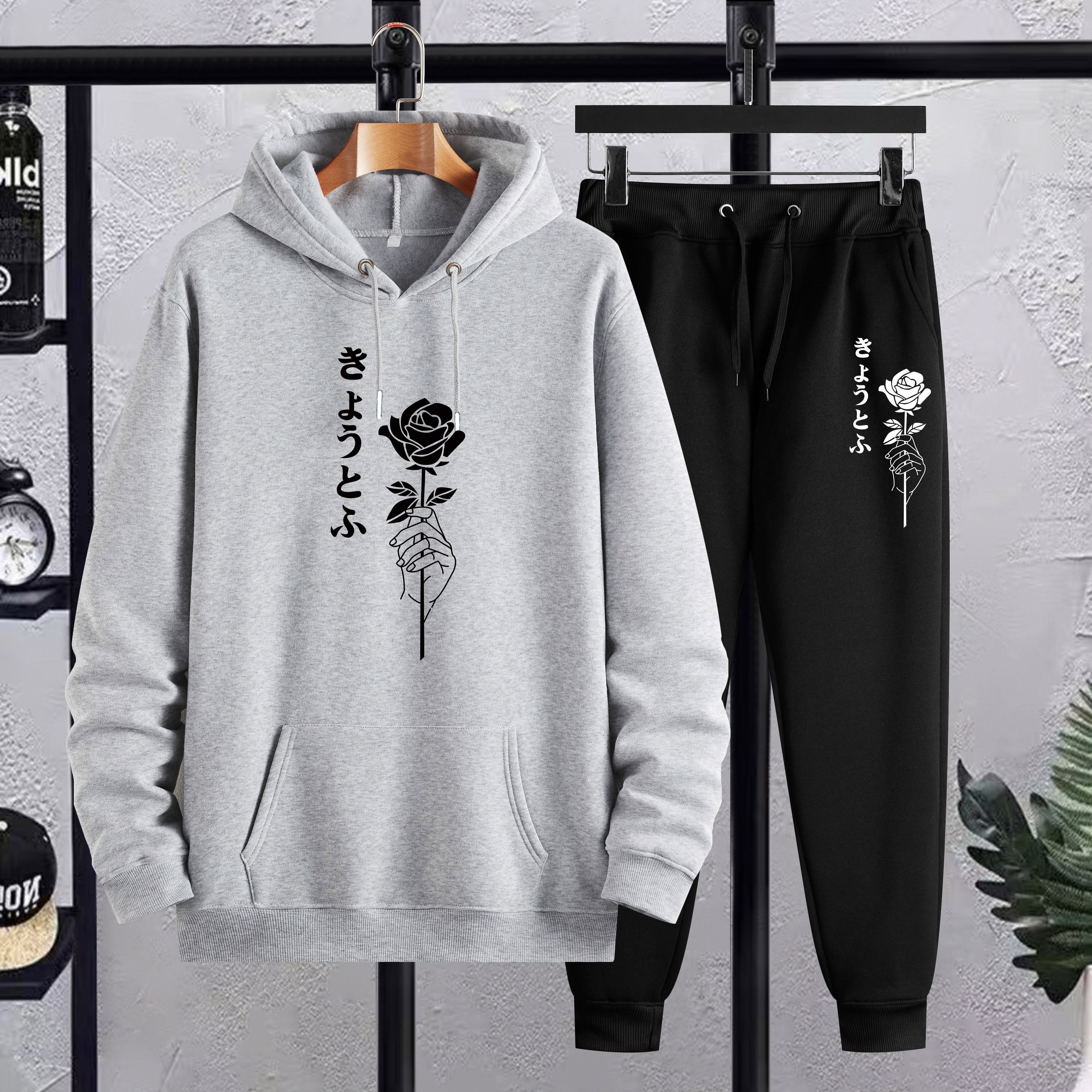 

rose" Element Graphic Print Men's Casual Hoodies & Pants Sets, Oversized Loose Clothing Plus Size For Winter Fall