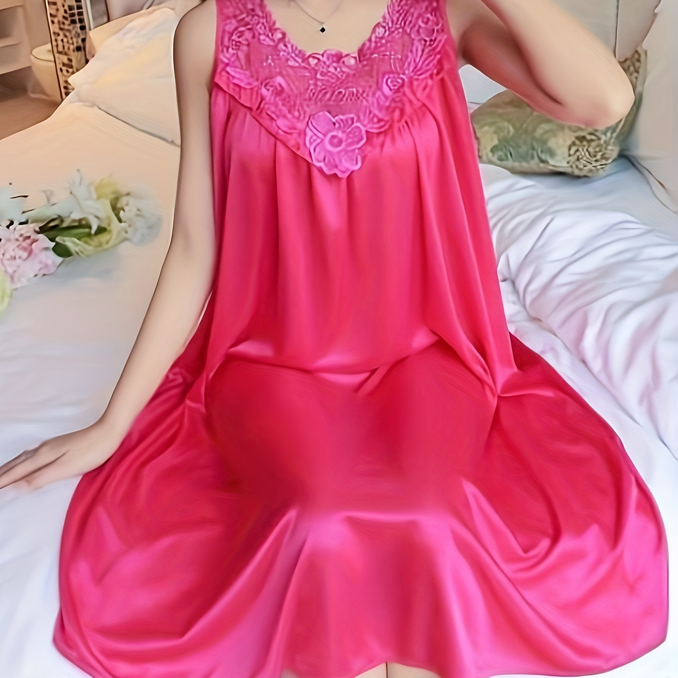 

Women's Elegant Solid Satin Applique Sleepwear Dress, Round Neck Sleeveless Tank Dress, Comfortable Nightgown