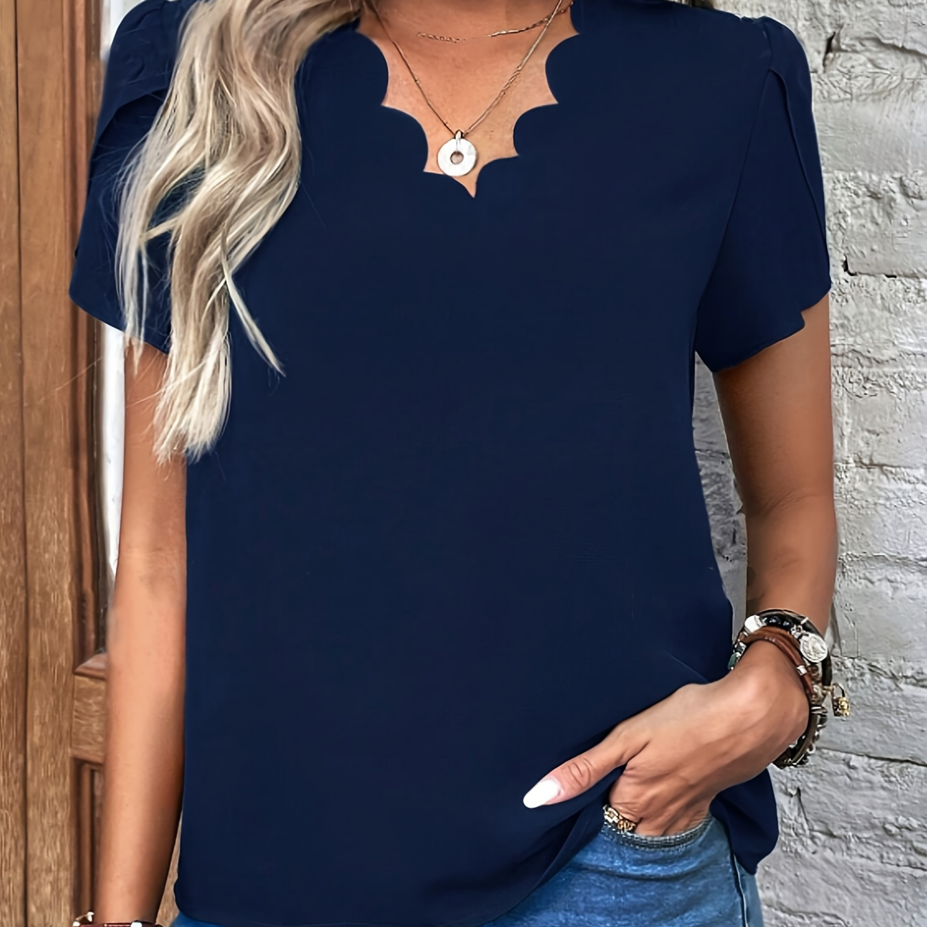 

Women's Elegant Polyester V-neck Blouse, Solid Color, Casual Woven Top With Scalloped Detail For All