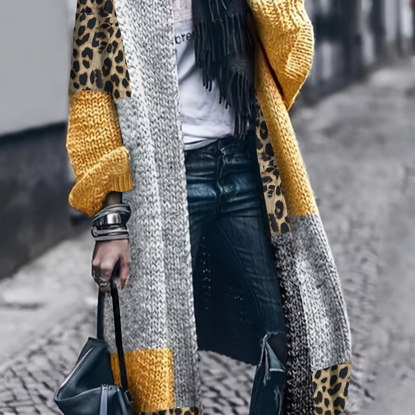 

Leopard Pattern Open Front Cardigan, Casual Color Block Long Sleeve Drop Longline Cardigan For Fall & Winter, Women's Clothing