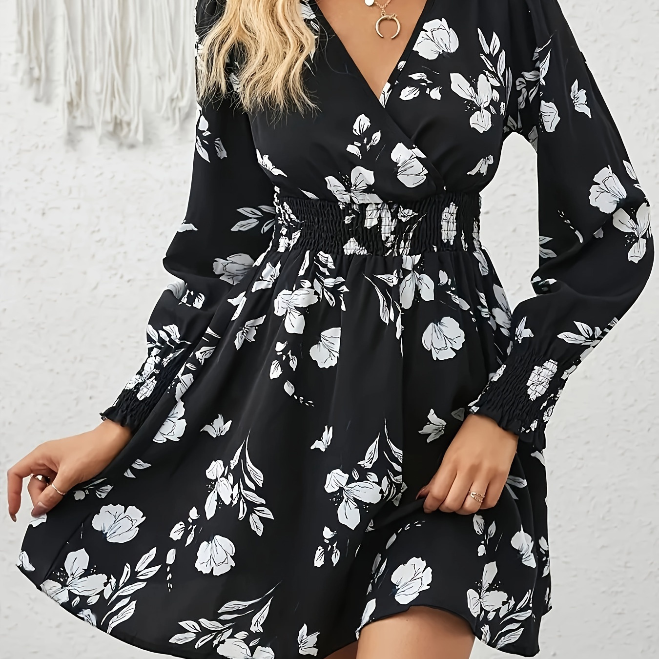 

Floral Print Surplice Neck Dress, Casual Lantern Sleeve A Line Dress, Women's Clothing