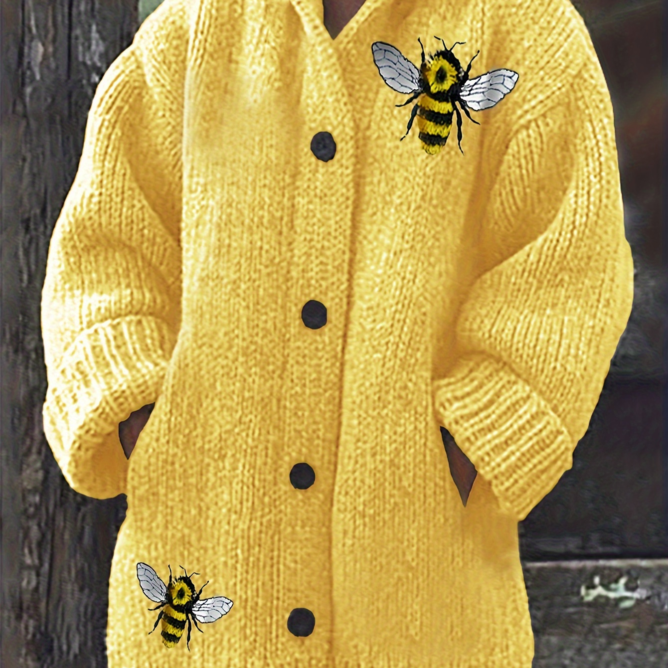 

Plus Size Bee Pattern Hooded Knitted Cardigan, Casual Button Front Long Sleeve Cardigan For Fall & Winter, Women's Plus Size Clothing