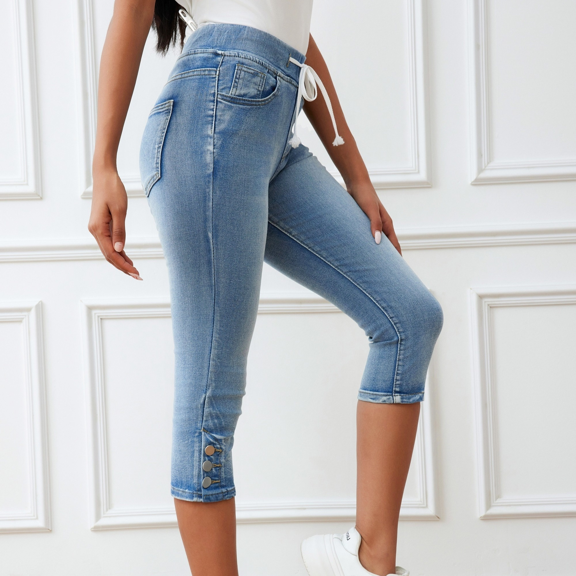 

Women's Stretchy Drawstring Waist Split-hem Capri Denim Jeans, Street Style, Casual Summer Mid-calf Pants