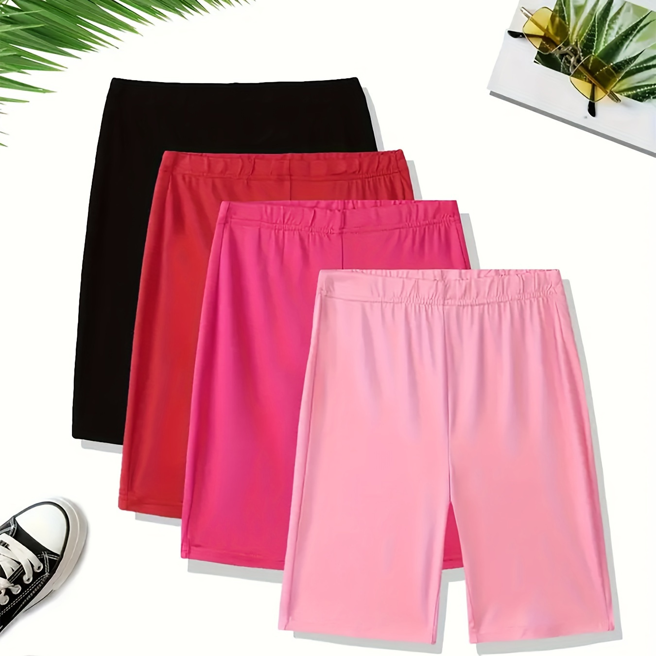 

Women's 4-piece Set Casual Athletic Shorts, Breathable Quick-dry Sports Wear, Elastic Waistband, Solid Colors