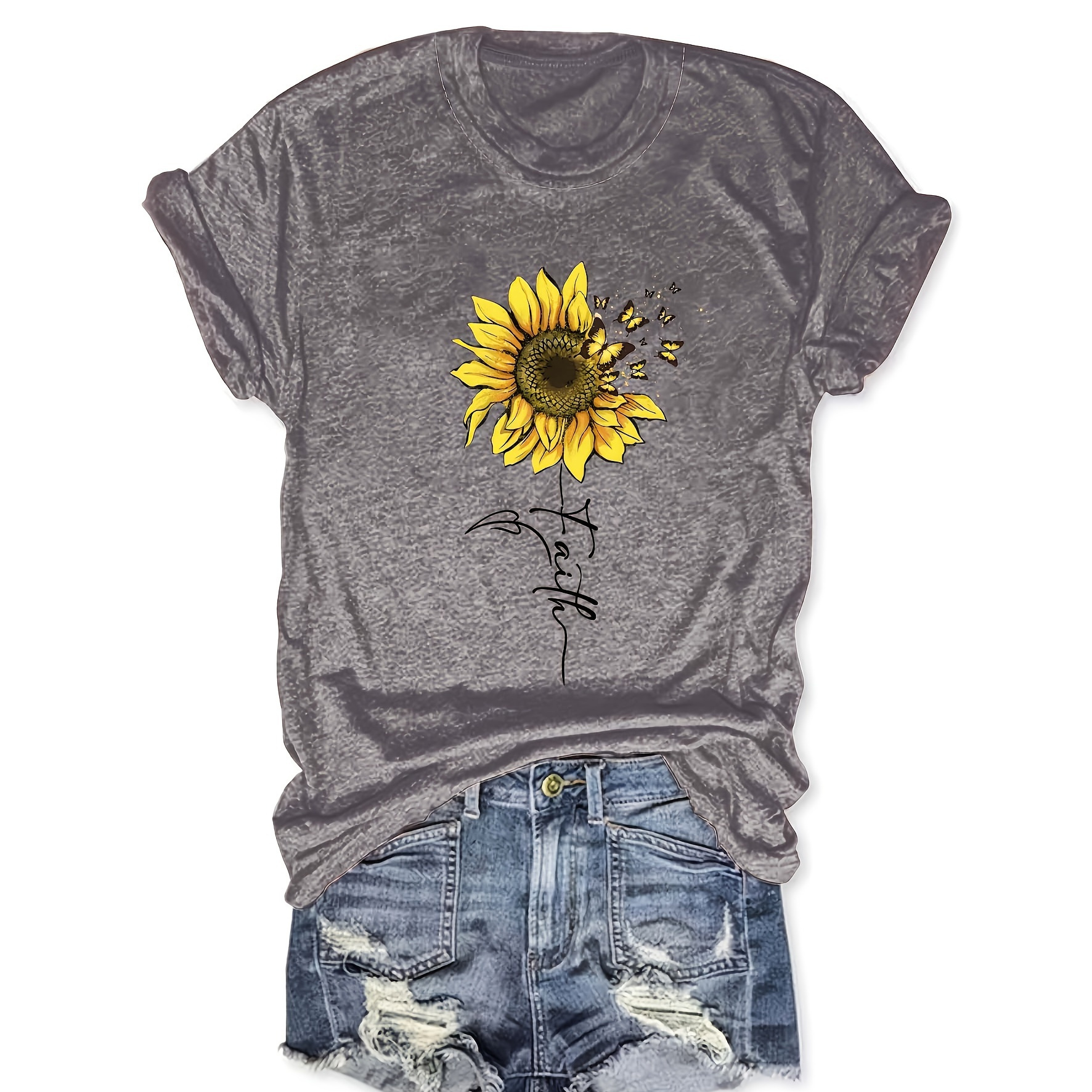 

Sunflower Print Crew Neck T-shirt, Short Sleeve Casual Top For Spring & Summer, Women's Clothing