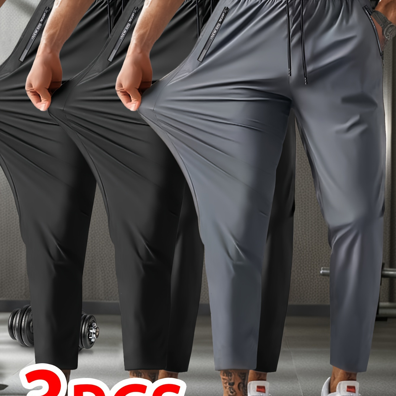 

3-pack Men's Cropped Sports Pants, High Stretch Polyamide 80% Elastane 20%, Solid Color, Regular Fit, Zippered Waistband, Woven Cropped Trousers For Spring/fall